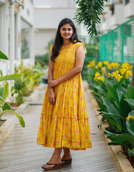 Sunshine Yellow Floral Tiered Midi Dress