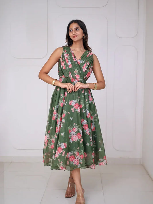 Green Floral Wrap-Style Midi Dress