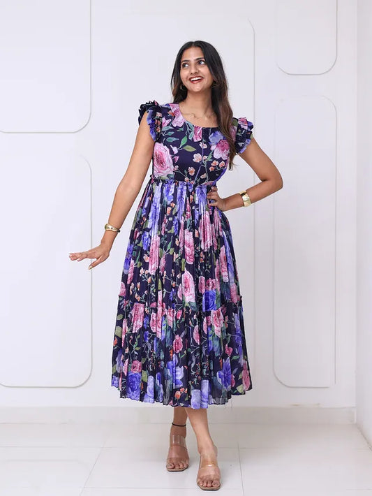 Midnight Floral Ruffle Sleeve Midi Dress
