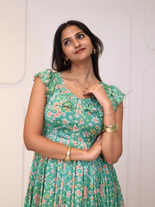 Mint Green Floral Ruffle Midi Dress