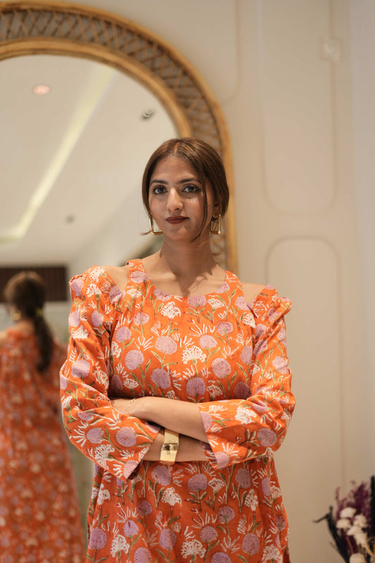 Rust Orange Printed Straight Kurta