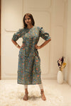 Teal Floral Printed Straight Kurta with Puff Sleeves