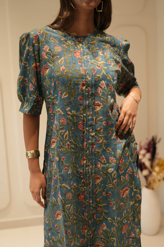 Teal Floral Printed Straight Kurta with Puff Sleeves