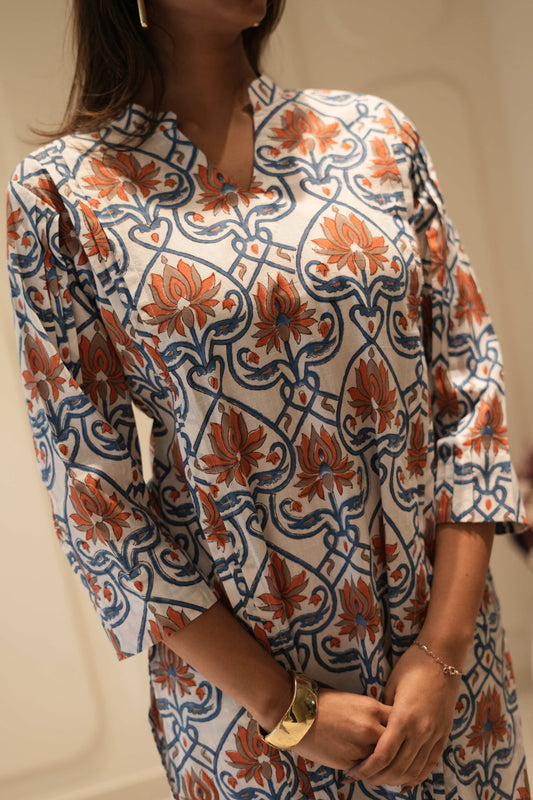 Ivory Blue & Rust Printed Straight Kurta