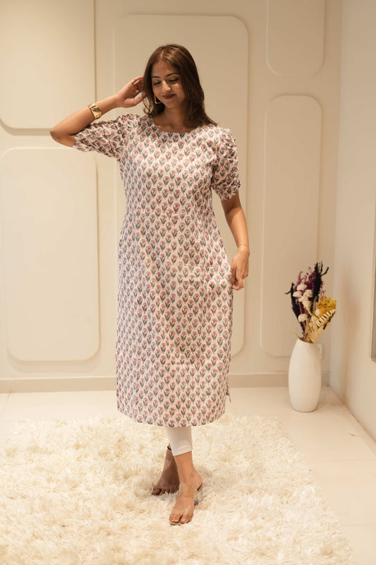 Ivory & Blush Buta Printed Straight Kurta with Puff Sleeves