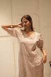 Peach Block Printed Straight Kurta with Puff Sleeves