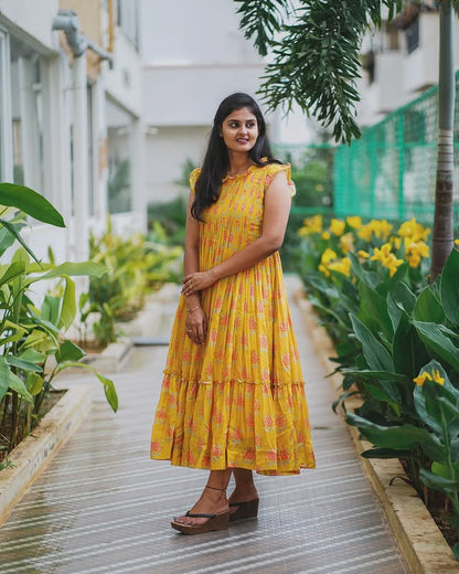 Sunshine Yellow Floral Tiered Midi Dress