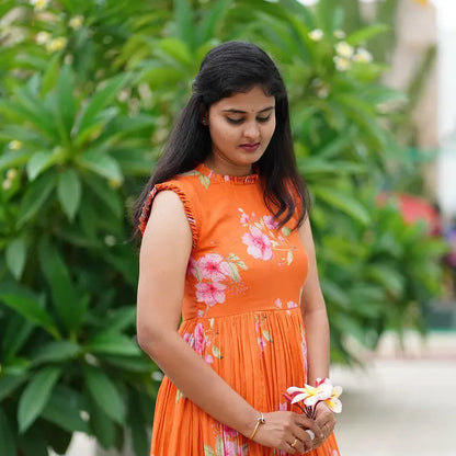 Orange Floral Tiered Midi Dress