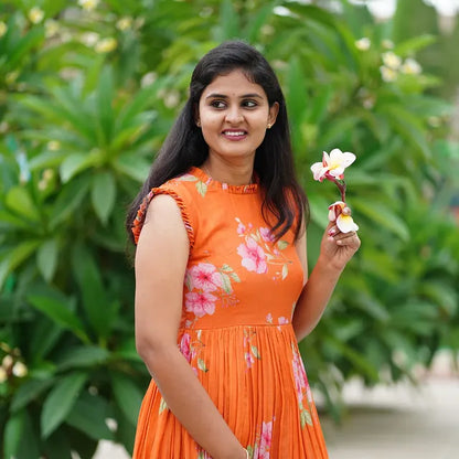 Orange Floral Tiered Midi Dress