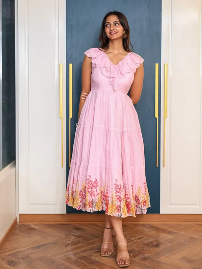 Pink Ruffled Tiered Midi Dress