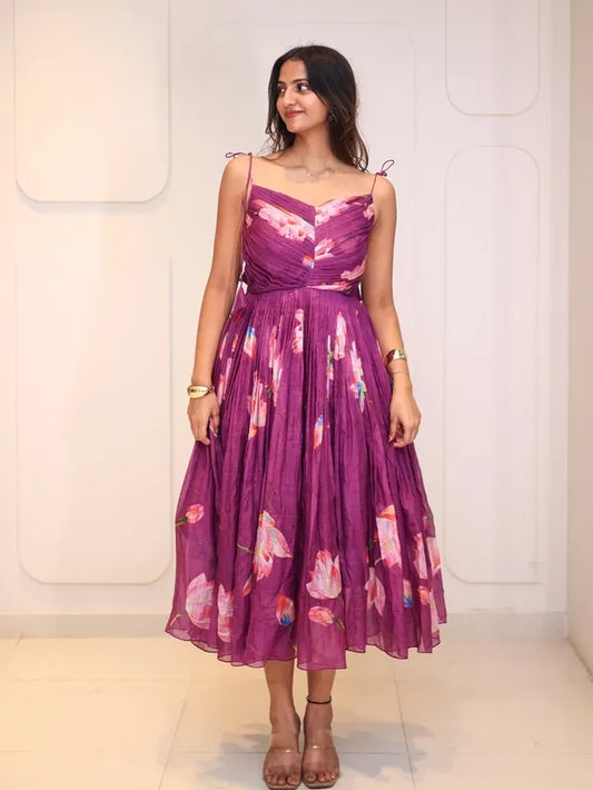 Plum Floral Pleated Midi Dress
