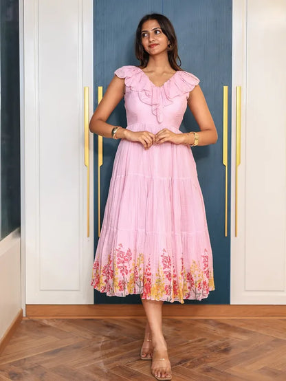 Pink Ruffled Tiered Midi Dress
