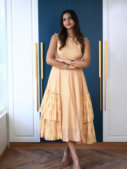 Peach Tiered Floral Midi Dress