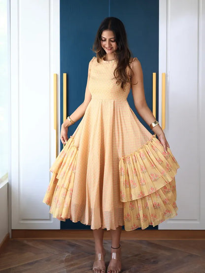 Peach Tiered Floral Midi Dress