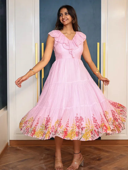 Pink Ruffled Tiered Midi Dress