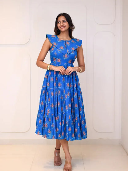 Blue Floral Flared Maxi Dress