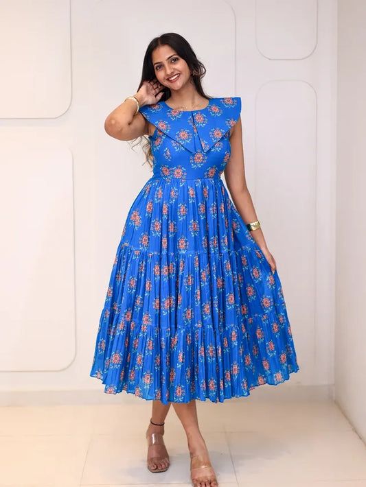 Blue Floral Flared Maxi Dress