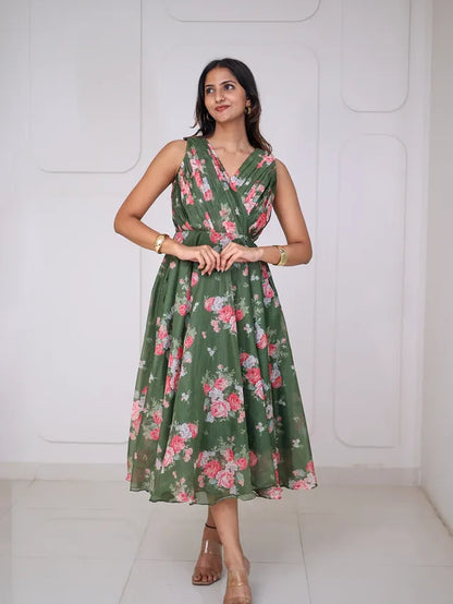 Green Floral Wrap-Style Midi Dress