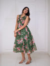 Green Floral Wrap-Style Midi Dress