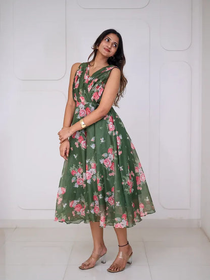 Green Floral Wrap-Style Midi Dress