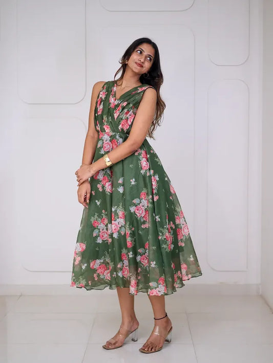 Green Floral Wrap-Style Midi Dress