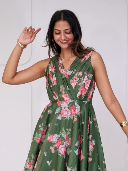 Green Floral Wrap-Style Midi Dress