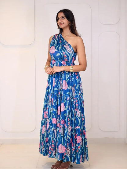 One-Shoulder Floral Tiered Maxi Dress