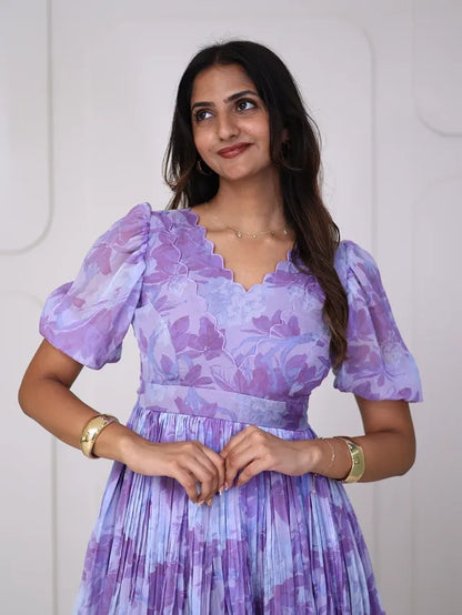 Lavender Floral Puff Sleeve Midi Dress