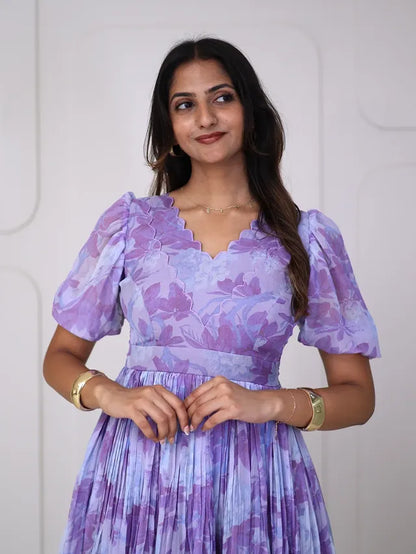 Lavender Floral Puff Sleeve Midi Dress