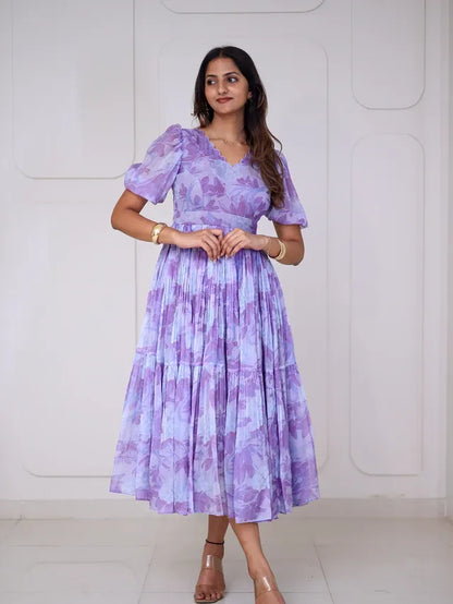 Lavender Floral Puff Sleeve Midi Dress