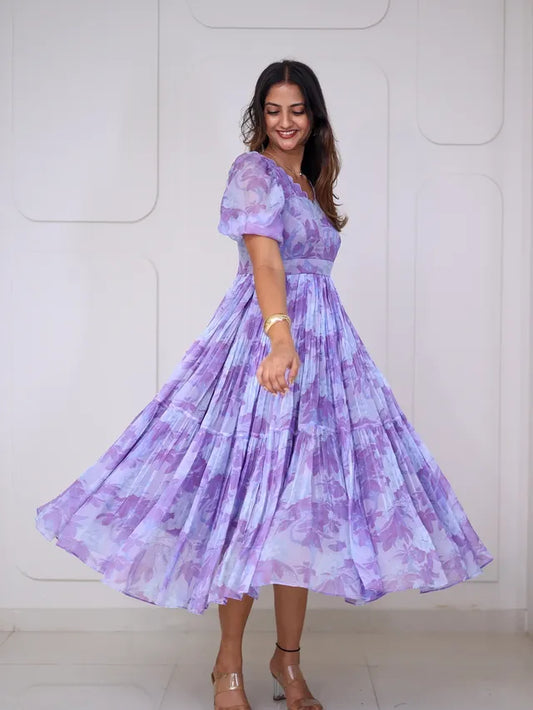 Lavender Floral Puff Sleeve Midi Dress
