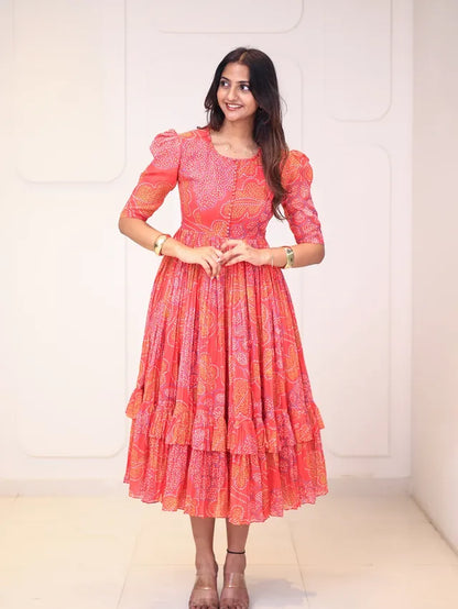 Coral Pink Printed Tiered Midi Dress
