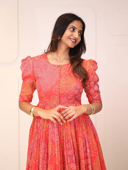 Coral Pink Printed Tiered Midi Dress