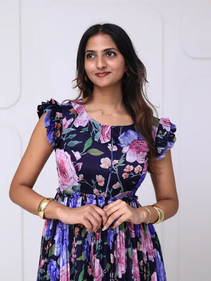 Midnight Floral Ruffle Sleeve Midi Dress