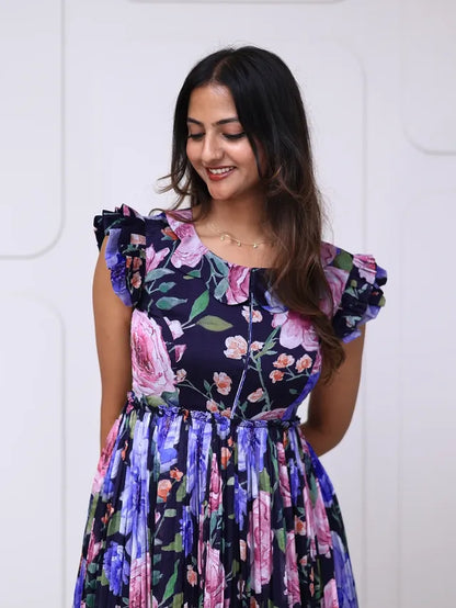 Midnight Floral Ruffle Sleeve Midi Dress