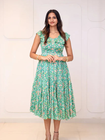 Mint Green Floral Ruffle Midi Dress