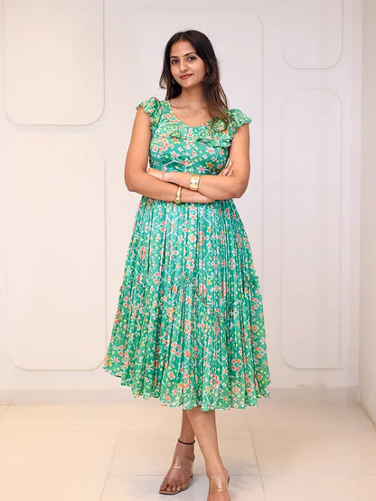 Mint Green Floral Ruffle Midi Dress