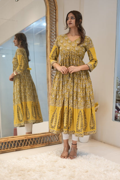 Mustard Printed Anarkali Kurta