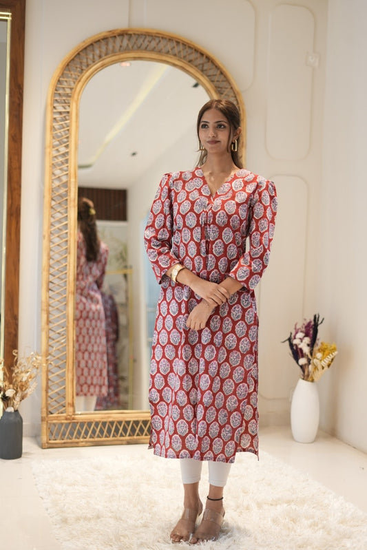 Maroon Printed Straight Kurta