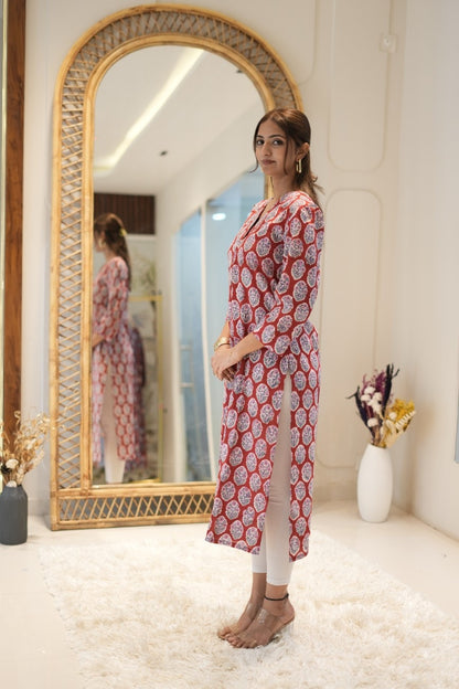 Maroon Printed Straight Kurta