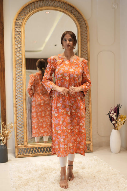 Rust Orange Printed Straight Kurta