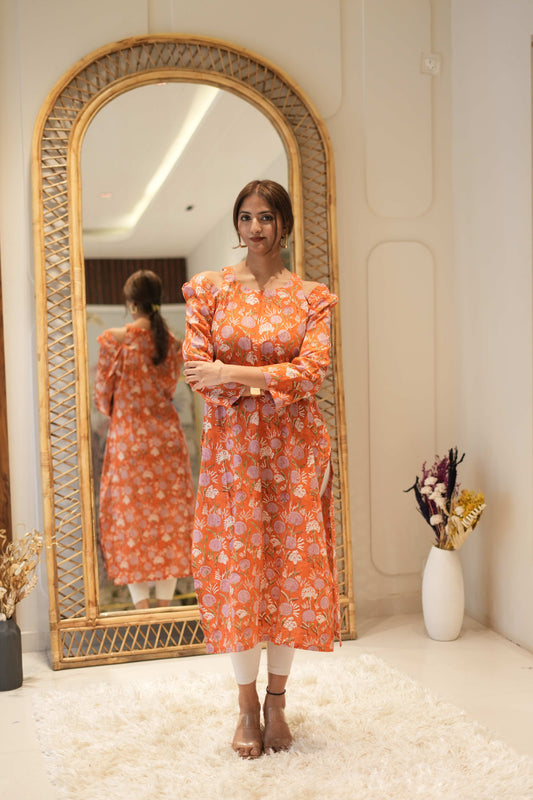 Rust Orange Printed Straight Kurta