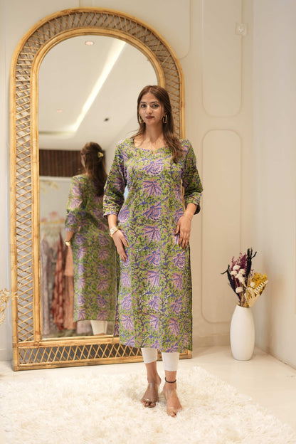 Olive Green Printed Straight Kurta