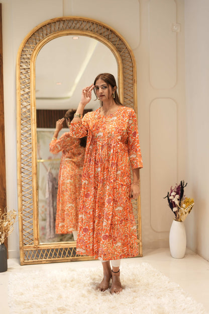 Orange Printed Anarkali Kurta