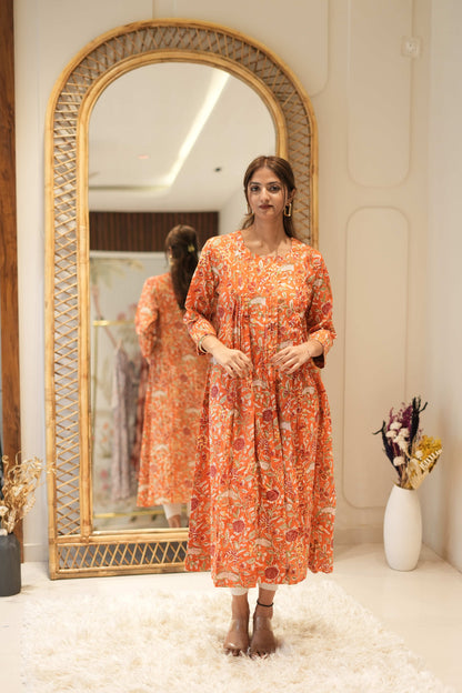 Orange Printed Anarkali Kurta