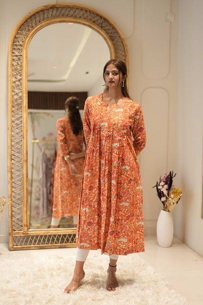 Orange Printed Anarkali Kurta