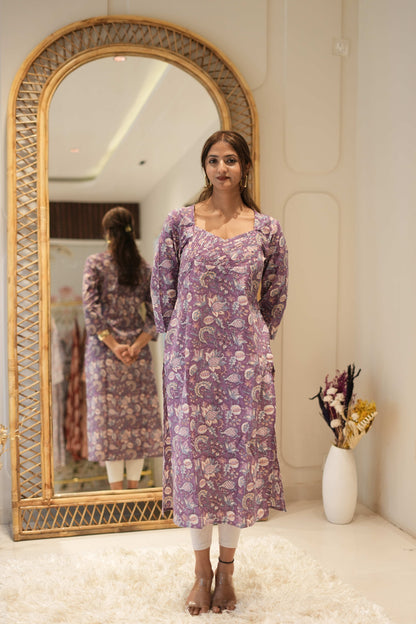 Lavender Printed Straight Kurta