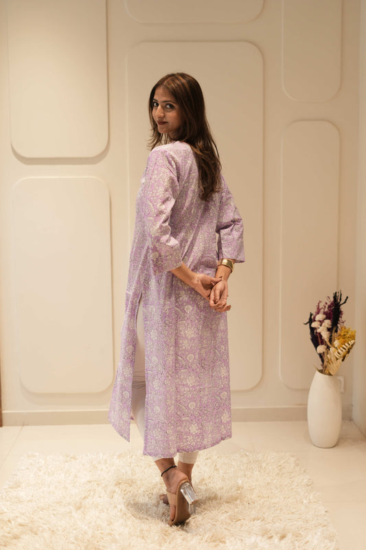 Lavender Floral Printed Straight Kurta