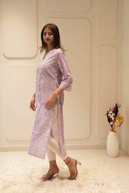Lavender Floral Printed Straight Kurta