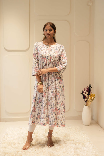 Ivory Floral Printed Anarkali Kurta